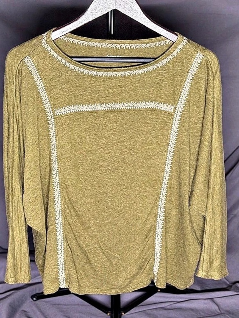 Garnet Hill 100% Organic Linen Embroidered Olive/Cream Long Sleeve Top Size Smal